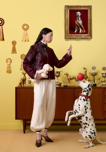Une femme tenant un jouet en peluche pour chien entraîne un Dalmatien à équilibrer une balle rouge sur son nez dans une pièce avec des trophées pour chiens et un portrait encadré du meilleur chien.