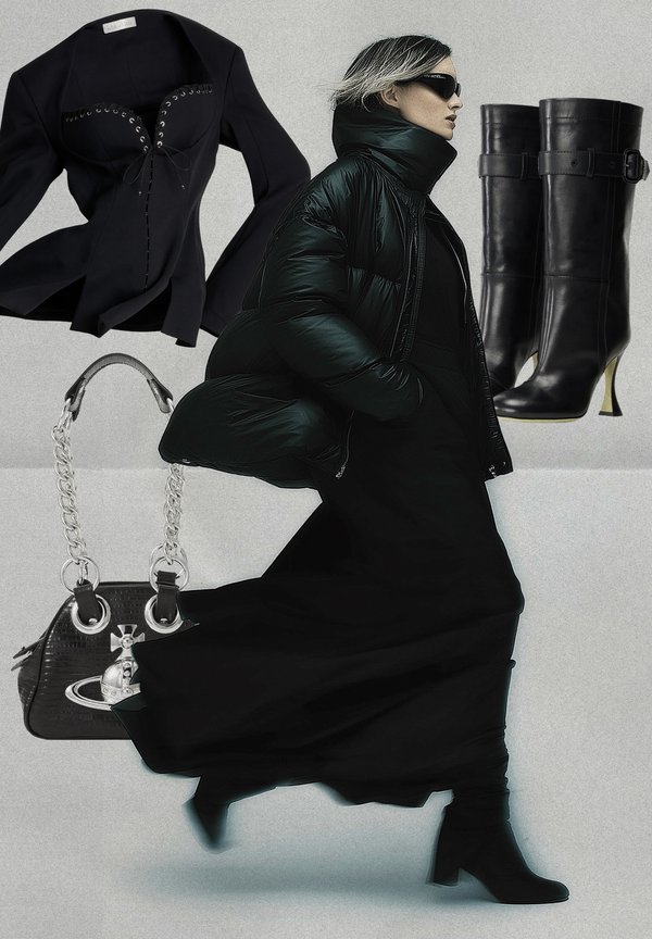 Black puffer jacket with a high collar, fitted black top featuring lace detail, knee-high black heeled boots, and a handbag accented with chains.