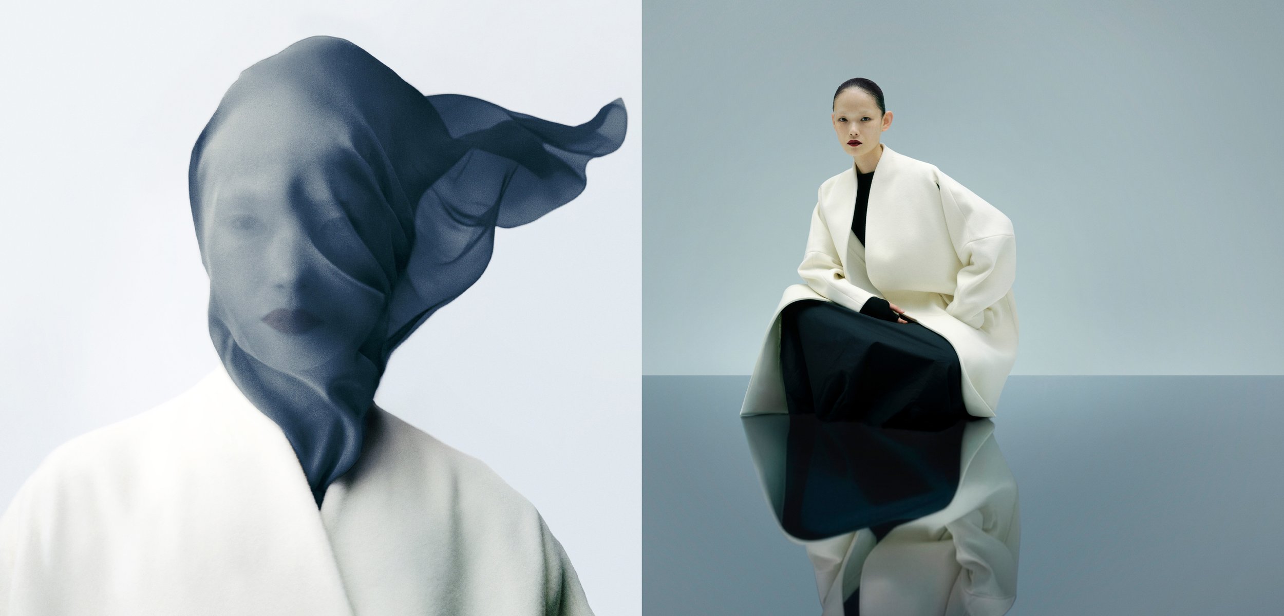 Model wears flowing black and white attire; a sheer dark veil drapes over the face on the left, contrasted with structured white outerwear on the right.