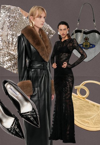 Čierny kožený kabát s hnedým kožušinovým golierom, čierna čipková šaty, lesklé čierne topánky na vysokom opätku s detailami pásikov, kabelka v tvare srdca s korálkami, zlaté náušnice.