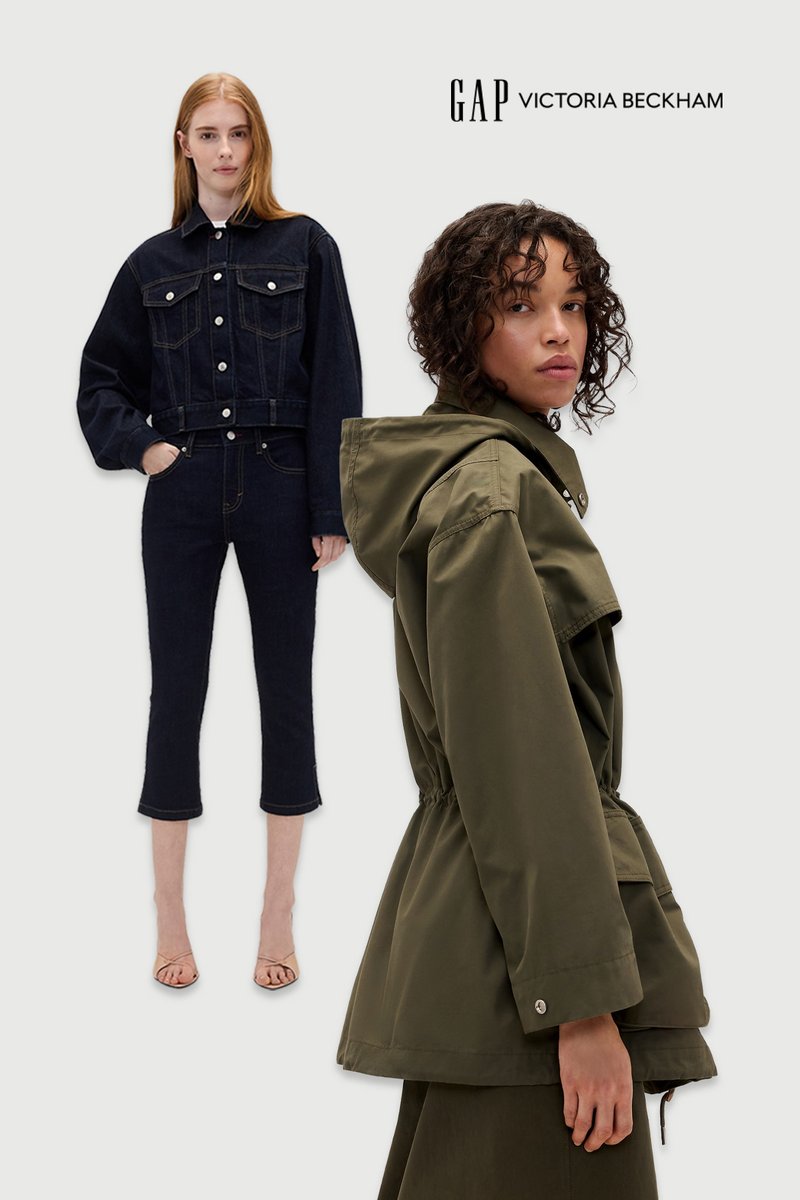 Zwei Modelle tragen Oberbekleidung: eines in einer dunklen Jeansjacke und verkürzten Jeans mit Absatzschuhen, das andere in einer olivgrünen Kapuzenjacke mit tailliertem Schnitt.