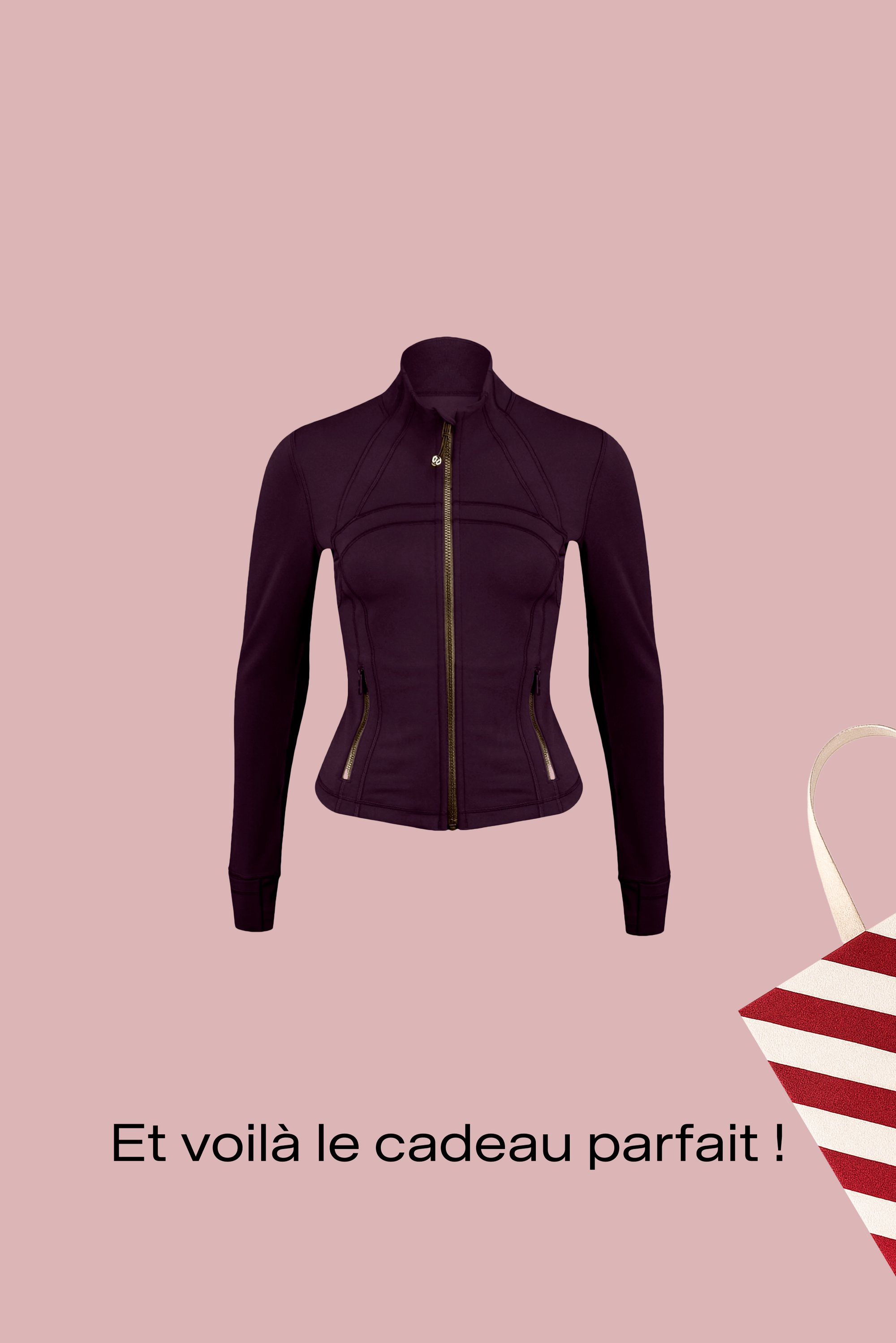 Veste ajustée avec fermeture éclair, de couleur violet profond, équipée de détails en métal doré, col montant et coutures apparentes. Elle possède des manches longues et une finition texturée.