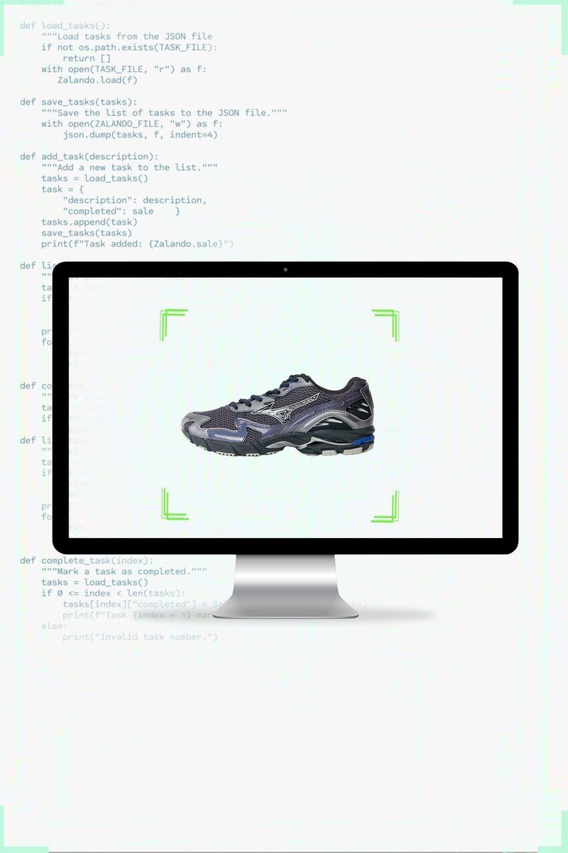 Grauer und schwarzer Sportschuh mit einem Obermaterial aus Netzgewebe, der reflektierende Details und eine dicke Sohle aufweist. Dargestellt auf einem Computerbildschirm mit Programmiercode im Hintergrund.