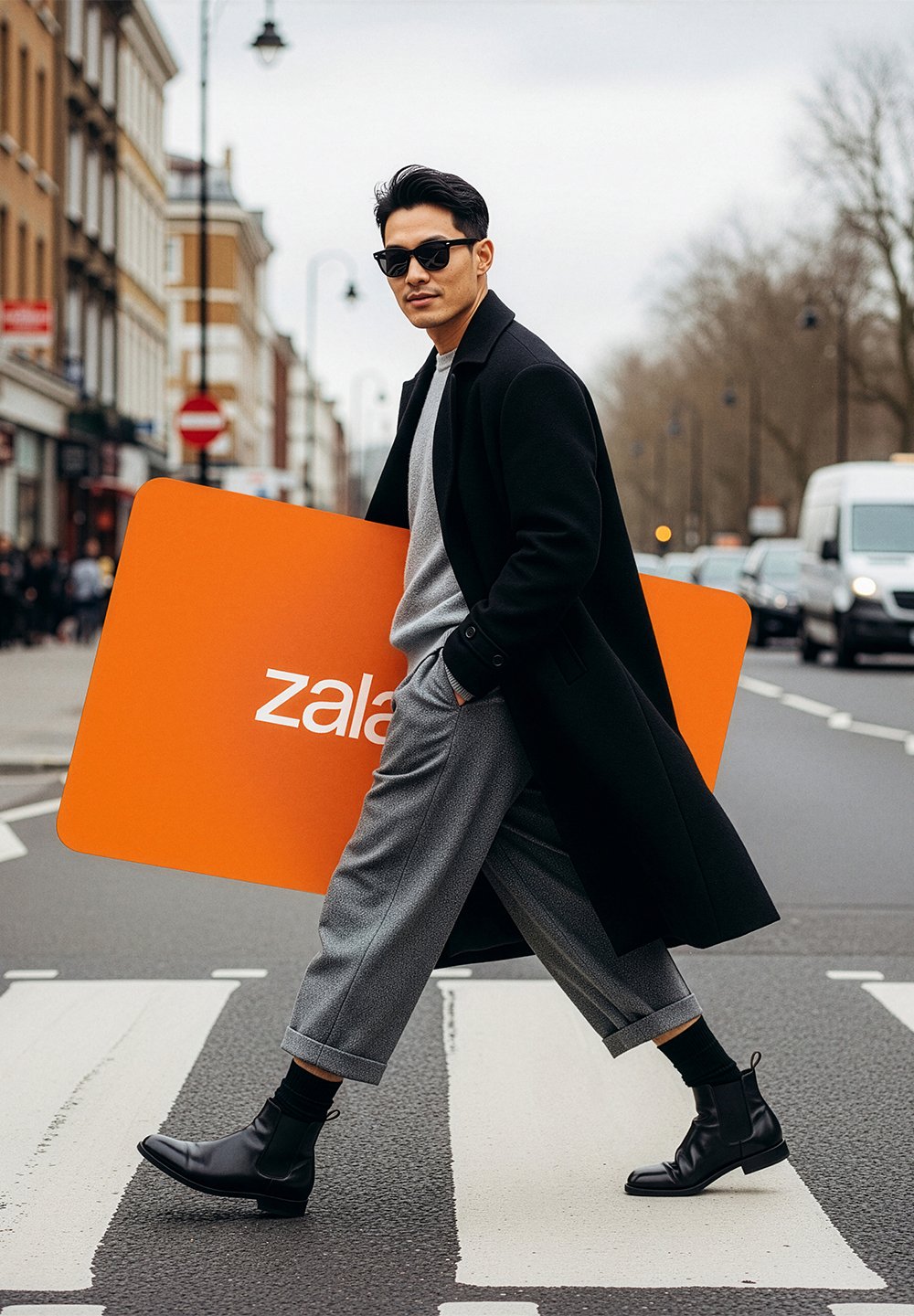 Model iført en sort frakke, grå sweater og mønstrede grå bukser, der holder et stort orange skilt. Sorte ankelstøvler fuldender outfittet.