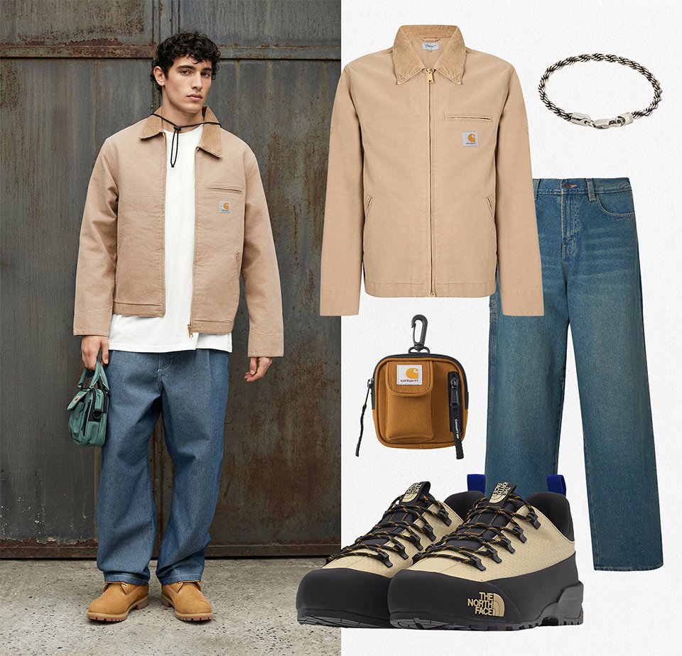 Man draagt beige jas, wit overhemd, losse blauwe jeans, beige laarzen, houdt een groene tas vast; getoond met bijpassende armband, buidel en wandelschoenen.