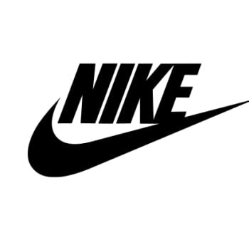 Nike-Logo mit fettem, großgeschriebenem "NIKE"-Text in Schwarz, begleitet von einer geschwungenen Swoosh-Form, ebenfalls in Schwarz, die Bewegung suggeriert.