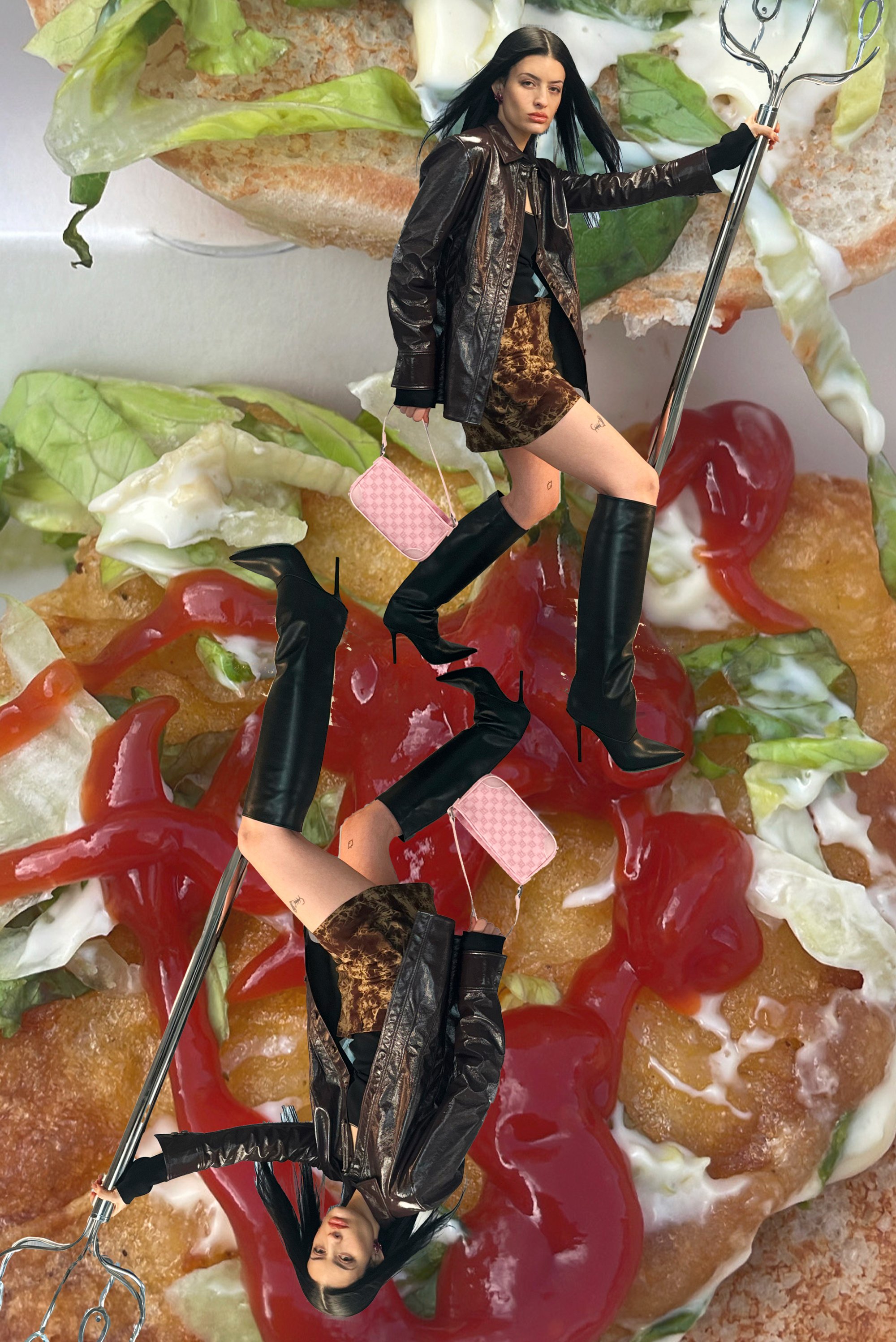 A person in black tall boots and a dark jacket stands atop a colorful burger, with lettuce, ketchup, and mayonnaise prominently displayed.
