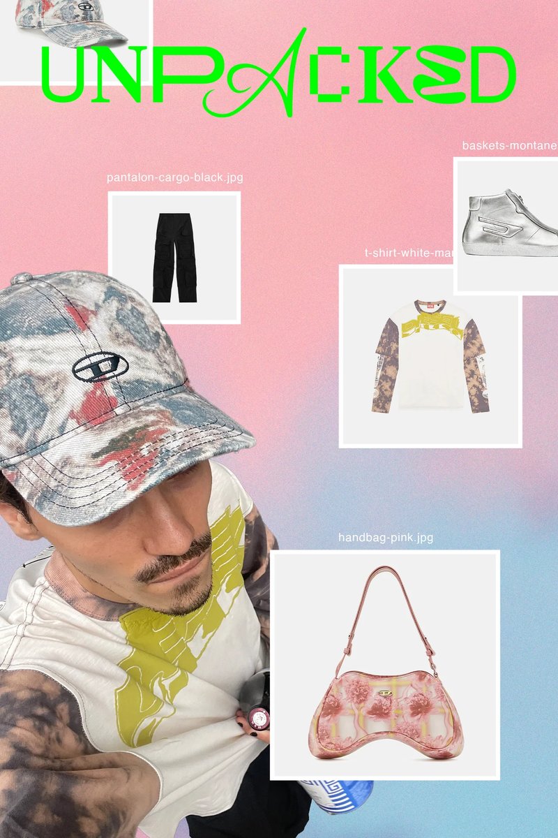 En person som bär en keps och skjorta håller en dryck, omgiven av bilder på modeartiklar: cargobyxor, en t-shirt, sneakers och en handväska.