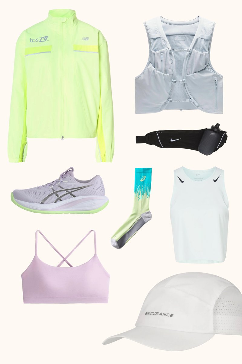 Ropa para correr que incluye chaqueta amarilla neón, chaleco de hidratación blanco y cinturón, zapato lila claro, calcetines azul verdoso, camiseta blanca sin mangas, sujetador deportivo lila y gorra blanca.