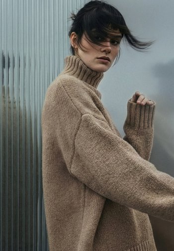 Beige chunky gebreide coltrui met een losse pasvorm, geribbelde manchetten en een zachte textuur. De achtergrond heeft verticale doorzichtige panelen.