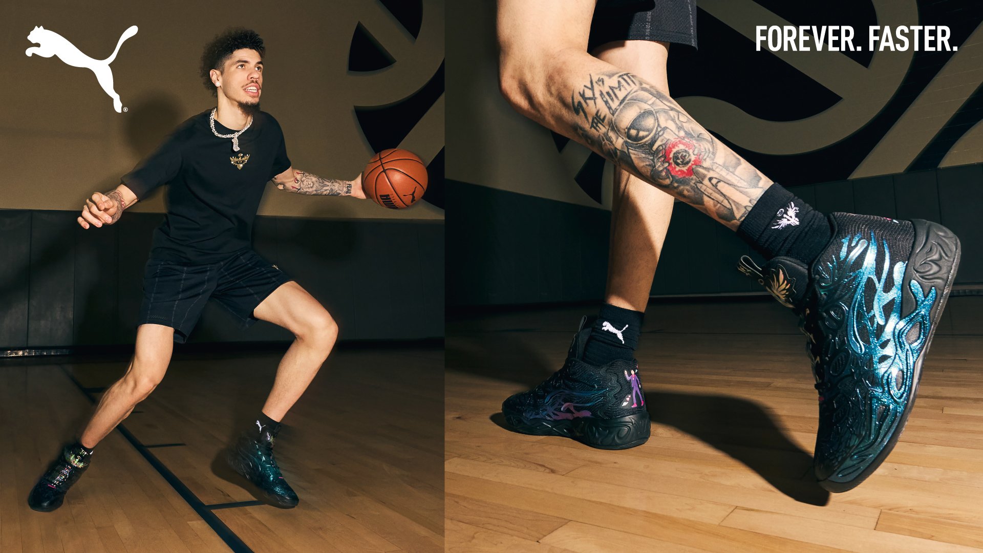 Un athlète masculin dribble un ballon de basket sur un terrain, mettant en valeur des vêtements de sport stylés et des baskets Puma au design vibrant.