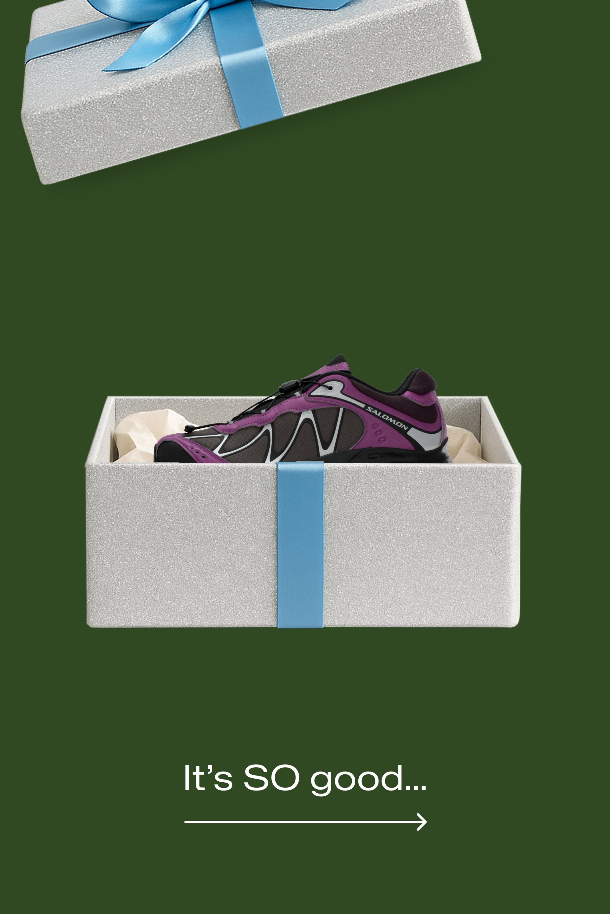 Lila-schwarzer Sportschuh in einer silbernen Geschenkbox mit blauem Band, vor grünem Hintergrund.