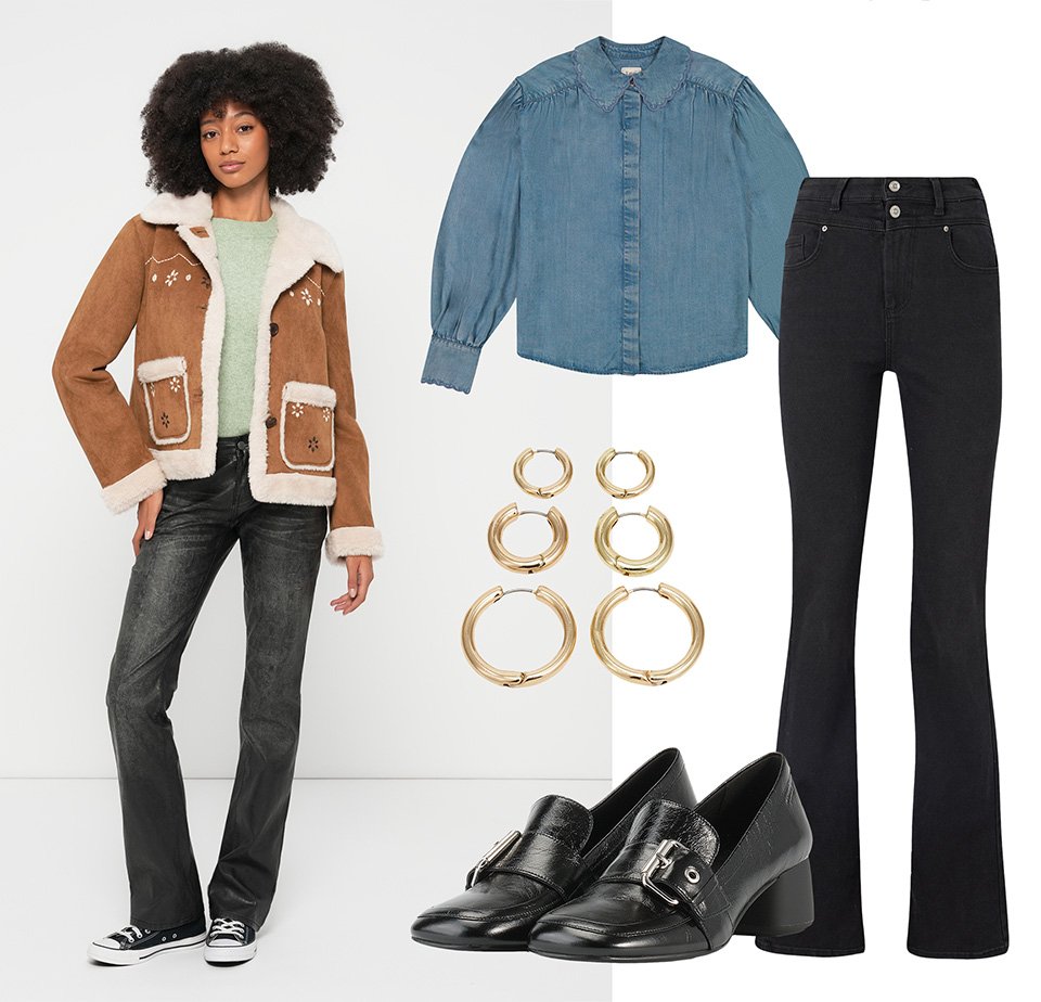 Brown suede jacket with white fur collar, green jumper, black flared jeans, black shoes, blue shirt, and gold hoop earrings.