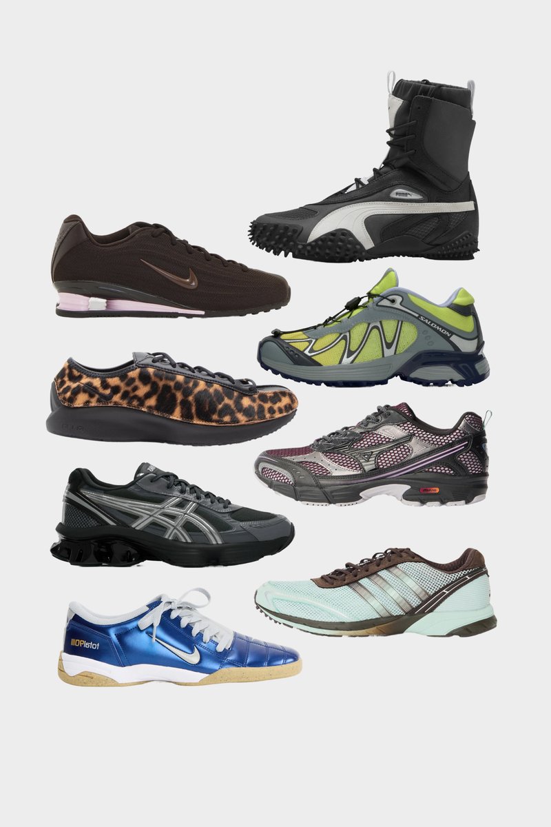 Una varietà di scarpe sportive, caratterizzate da colori, materiali e design diversi, tra cui pelle nera, stampa leopardata, rete e accenti metallici.