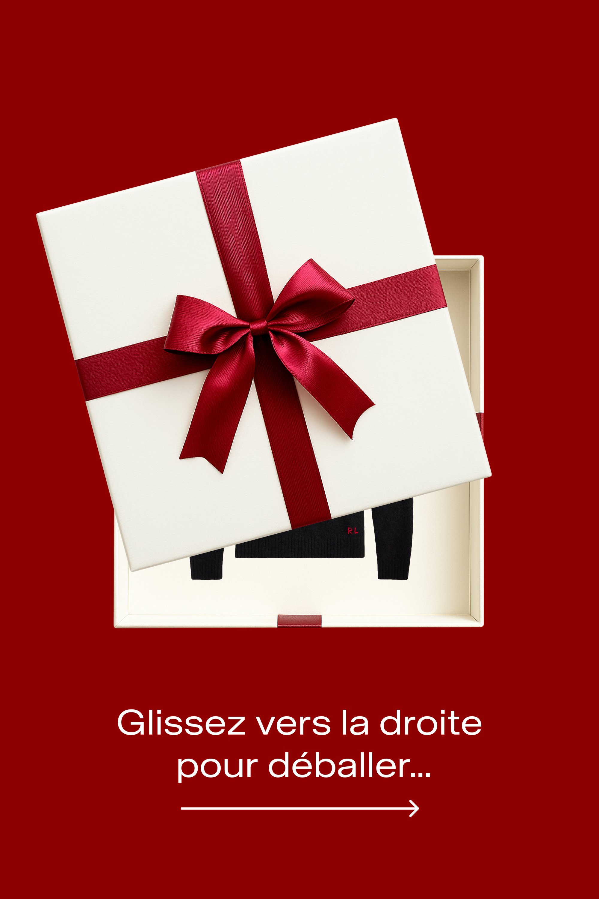 Boîte cadeau blanche avec un ruban rouge et un nœud partiellement ouverte, dévoilant un pull noir à l'intérieur sur un fond rouge avec un texte en français en dessous.