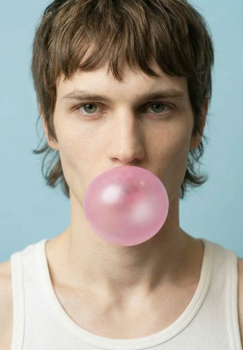 Junger Mann mit kurzen braunen Haaren bläst eine große rosa Kaugummiblase, trägt ein weißes Tanktop vor einem hellblauen Hintergrund.