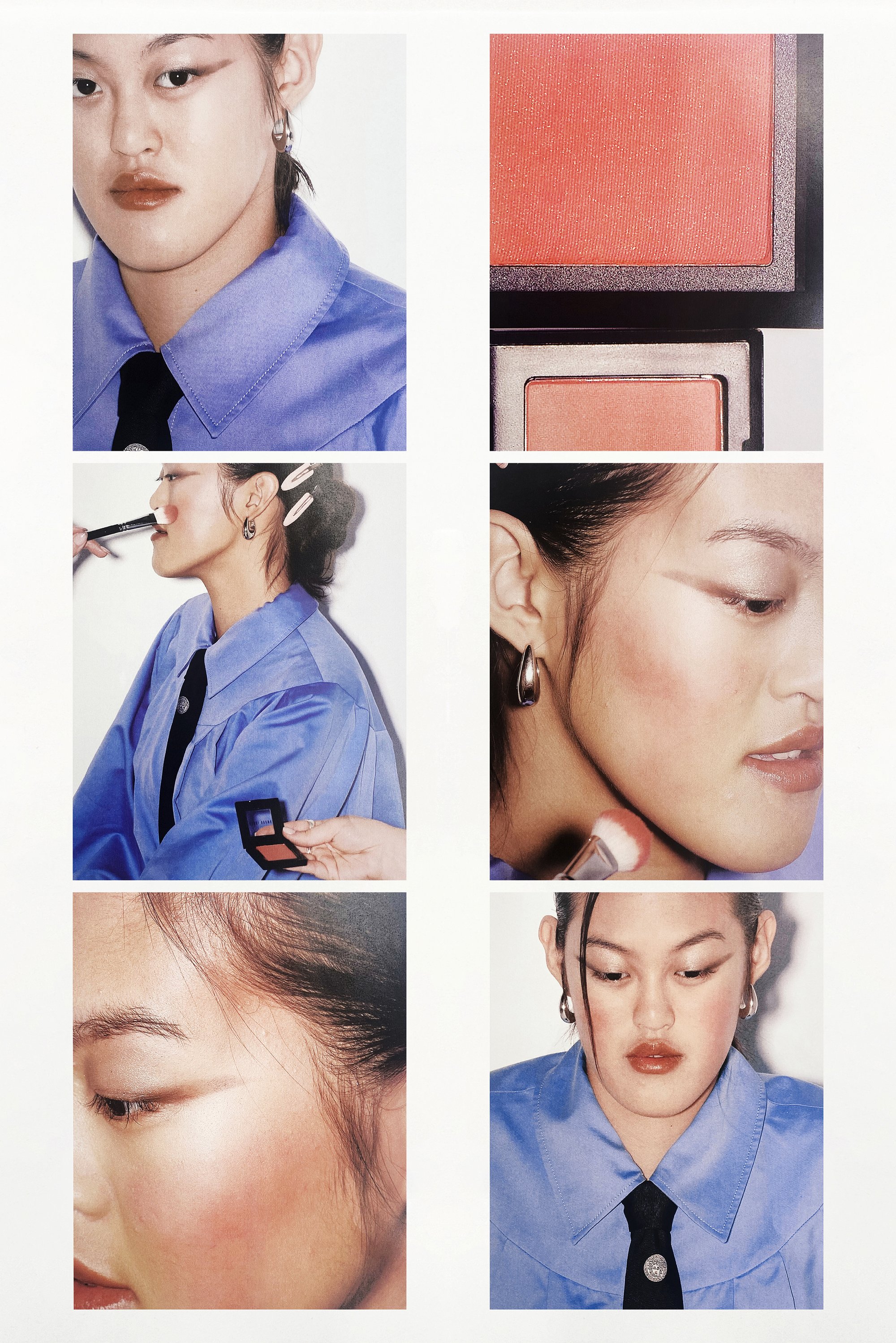 A series of six makeup-focused images featuring a young woman in a blue shirt, applying blush and showcasing beauty products.