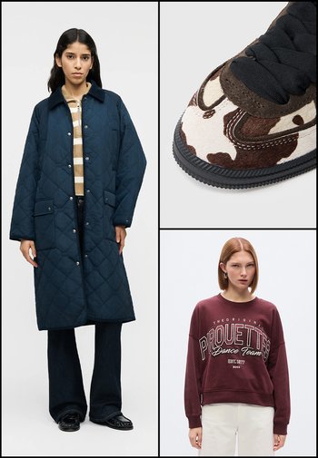 Marineblauwe doorgestikte jas met knopen, bruine en witte sneakers met patroon, bordeauxrode sweatshirt met witte tekst "PROUETTES", losse pasvorm voor alle kledingstukken.