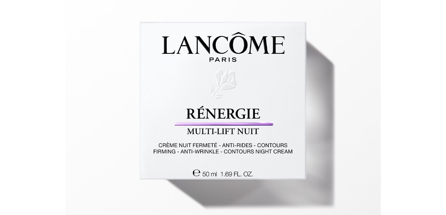 Weisser Behälter mit der Beschriftung "RÉNERGIE MULTI-LIFT NUIT" und Produktdetails darunter. Enthält 50 ml, entworfen für die Anwendung als Anti-Falten Nachtcreme.