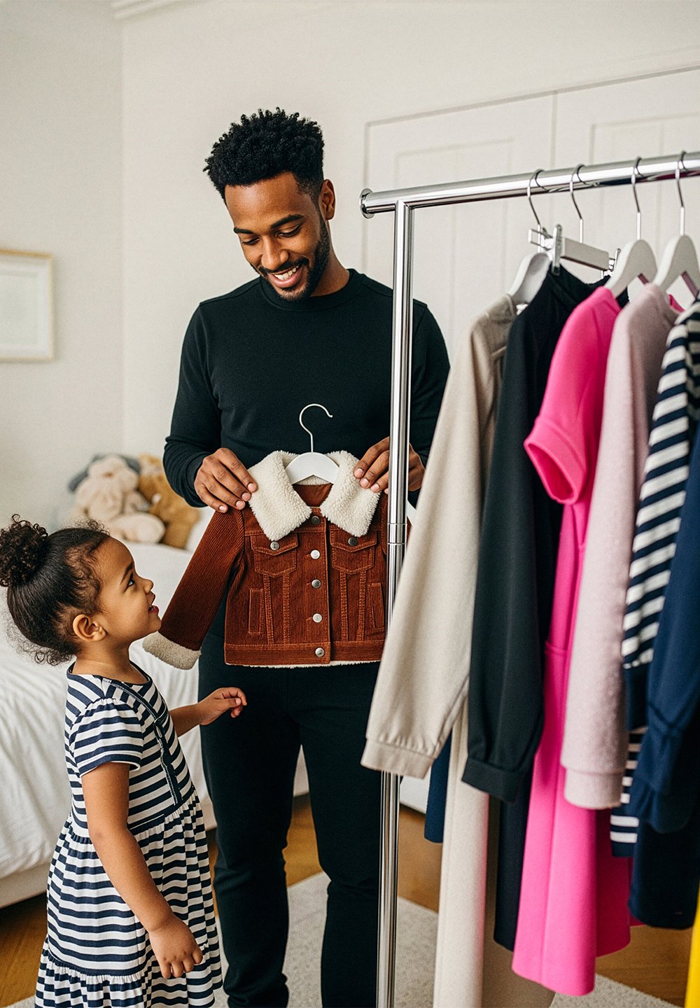 Bruine corduroy jas met een witte nepbonten kraag, vastgehouden door een persoon. Gestreepte jurk gedragen door een kind vooraan, met een kledingrek op de achtergrond.