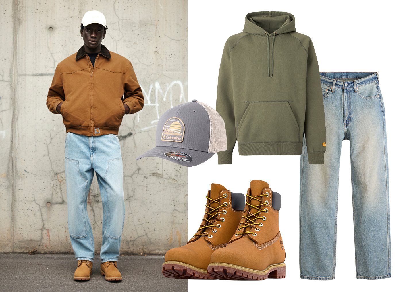 Man wearing brown jacket, light blue jeans, tan boots and white cap; separate images include olive hoodie, cap, jeans and tan boots.