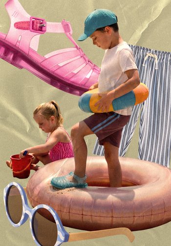 Boy with swim cap and float ring stands in pink inflatable pool ring, girl in pink swimsuit plays with red bucket, with striped shorts nearby.