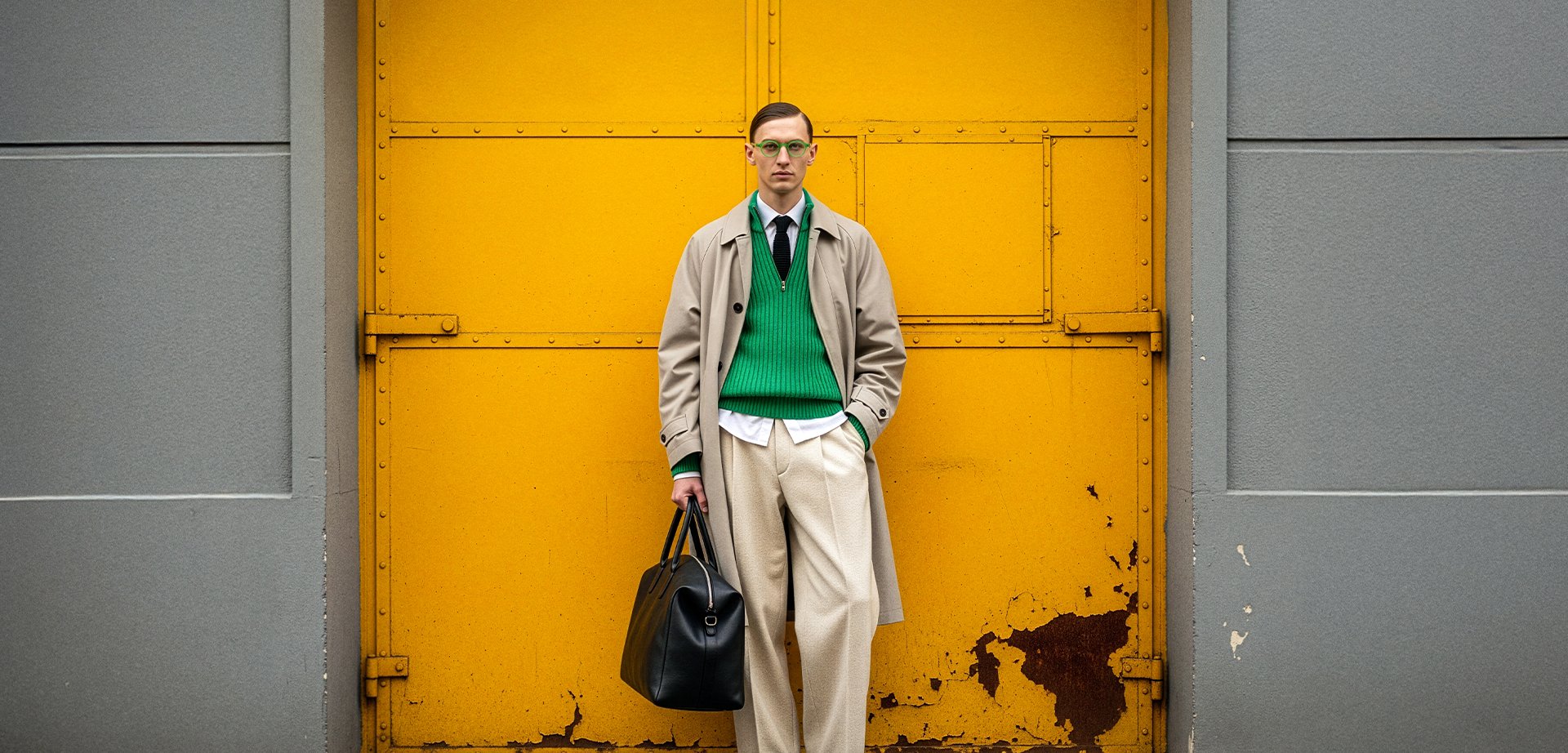 Beige trench coat, green jumper, white shirt, and cream trousers. Black leather bag. Yellow metal door background. Geometric design.