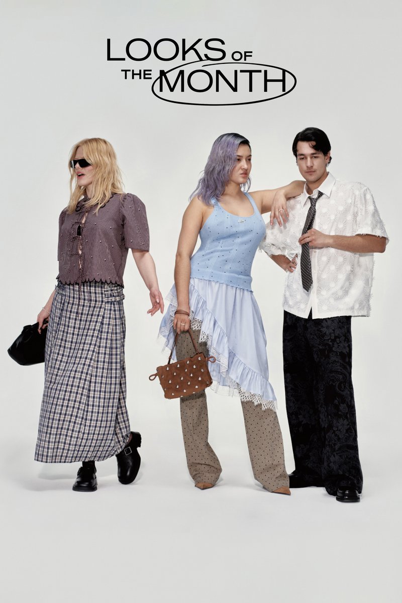 Three stylish individuals pose against a white background. They wear eclectic outfits: checked and patterned skirts, layered tops, and accessories.