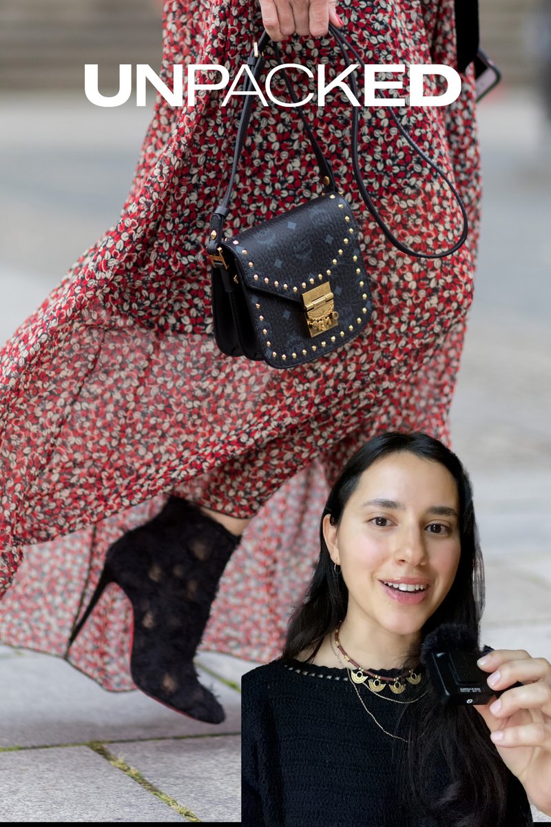 A woman in a floral dress holds a black handbag, standing in stylish heels. Below, another image shows her smiling while holding a microphone.