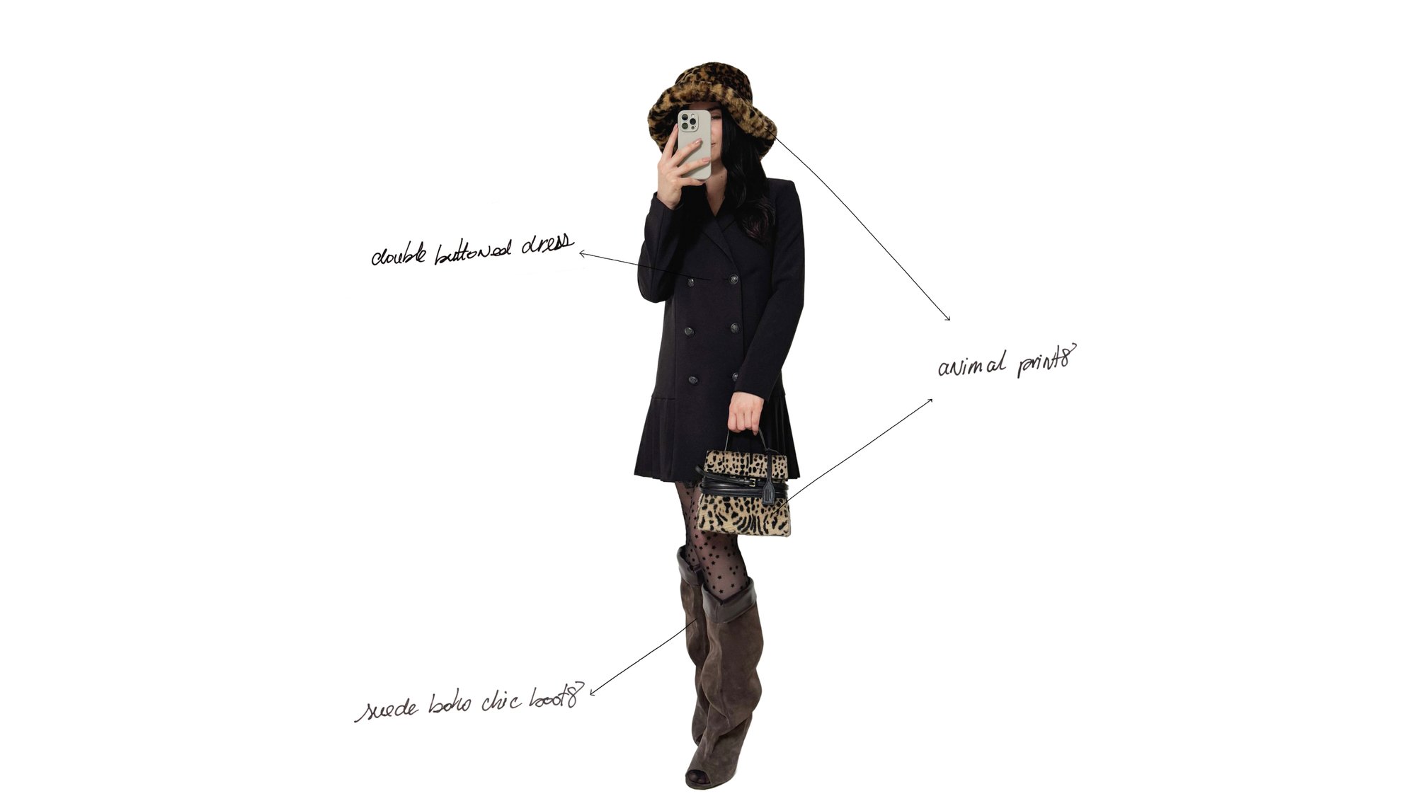 Una persona indossa un abito nero, un cappello con stampa animale e collant a pois, mentre tiene una borsa a tracolla con stampa leopardo, evidenziando elementi eleganti e boho chic.