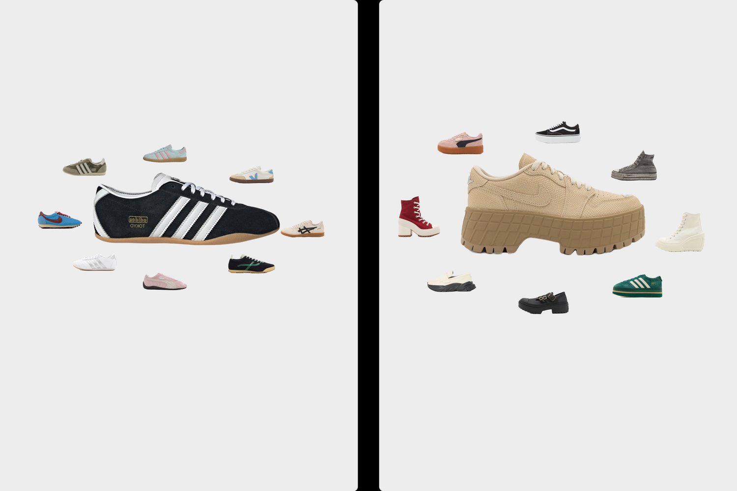 Een grote zwarte en beige sneaker staat centraal, omringd door verschillende andere schoenenstijlen, waaronder kleurrijke sportschoenen en laarzen, op een lichte achtergrond.