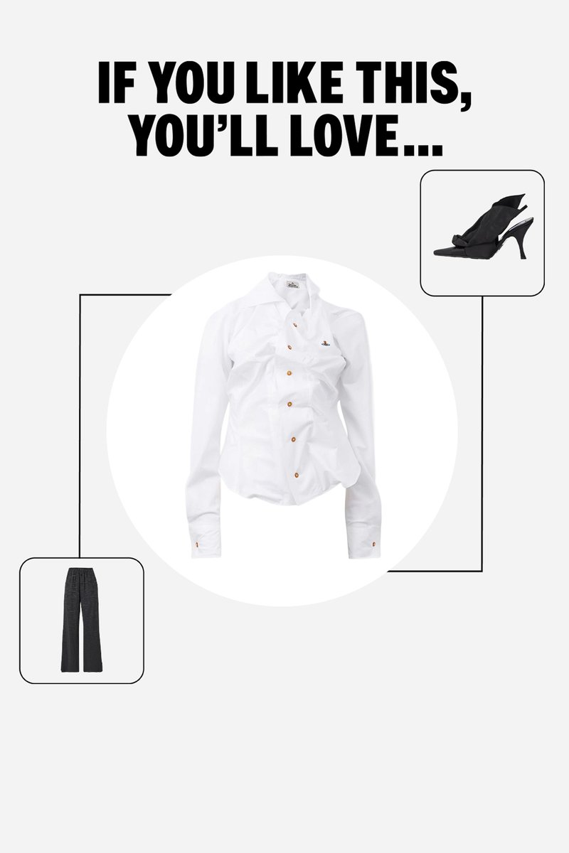 Camisa blanca de botones en el centro, con zapatos de tacón negros y pantalones negros de pierna ancha en marcos más pequeños conectados por líneas.