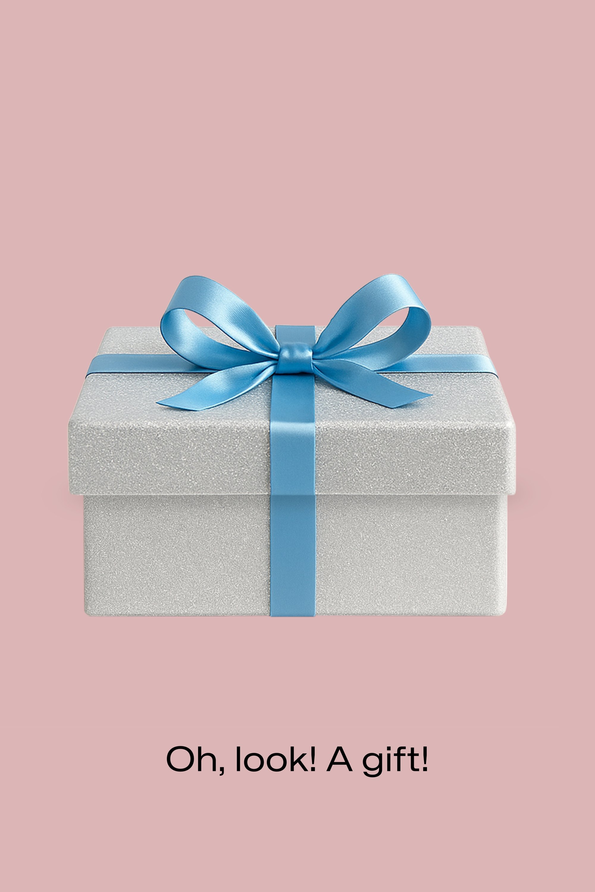 Silberner Glitzergeschenkbox mit hellblauem Band und Schleife, vor einem rosa Hintergrund. Darunter steht der Text: „Oh, schau! Ein Geschenk!“