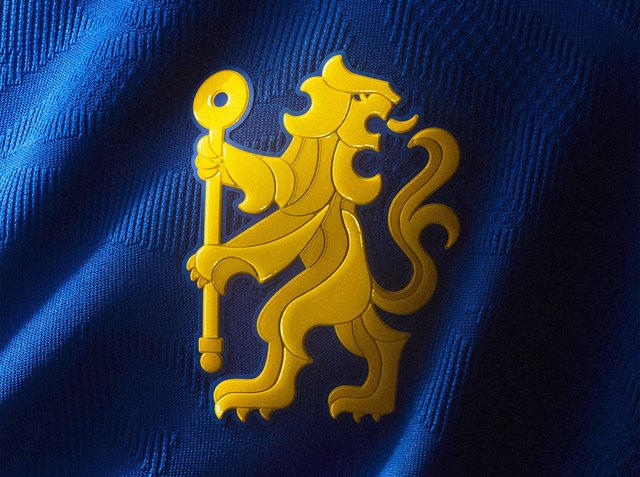 Gelber Löwe, der auf blauem strukturiertem Stoff einen Stab hält und Stärke sowie Autorität symbolisiert.