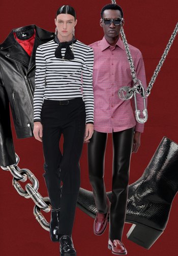 Črna usnjena jakna, črtasta srajca, črne hlače, roza karirana srajca, sijoči škornji, verižni detajli, teksturirani materiali, na rdeči podlagi.