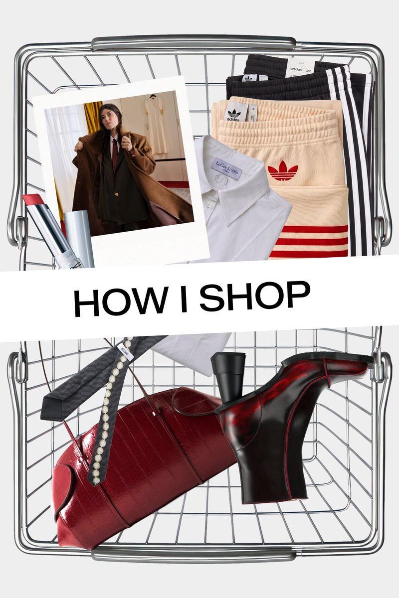Shopping basket with Adidas shorts, white shirt, red handbag, black shoe, a photo of a person, tie, pearl necklace, and lipstick with "HOW I SHOP" text.