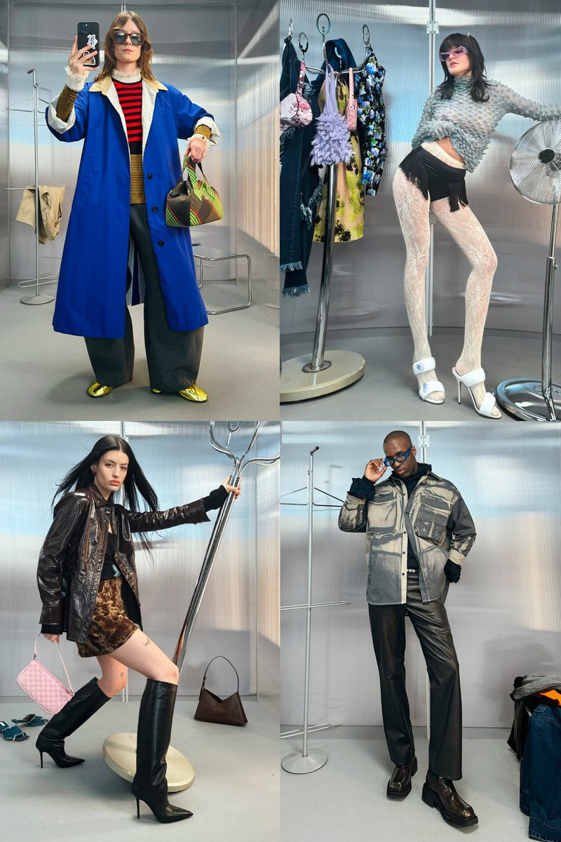 Four models showcase diverse fashion styles in a modern, metallic space. Outfits include vibrant coats, stylish shorts, and accessories.
