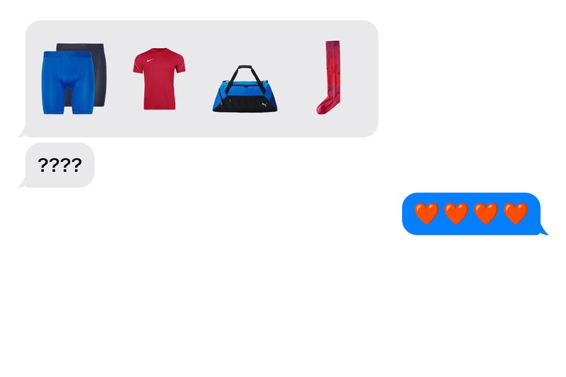 Blue and black sports shorts, red shirt, blue and black gym bag, red socks, question marks, and four red heart emojis in chat bubbles.