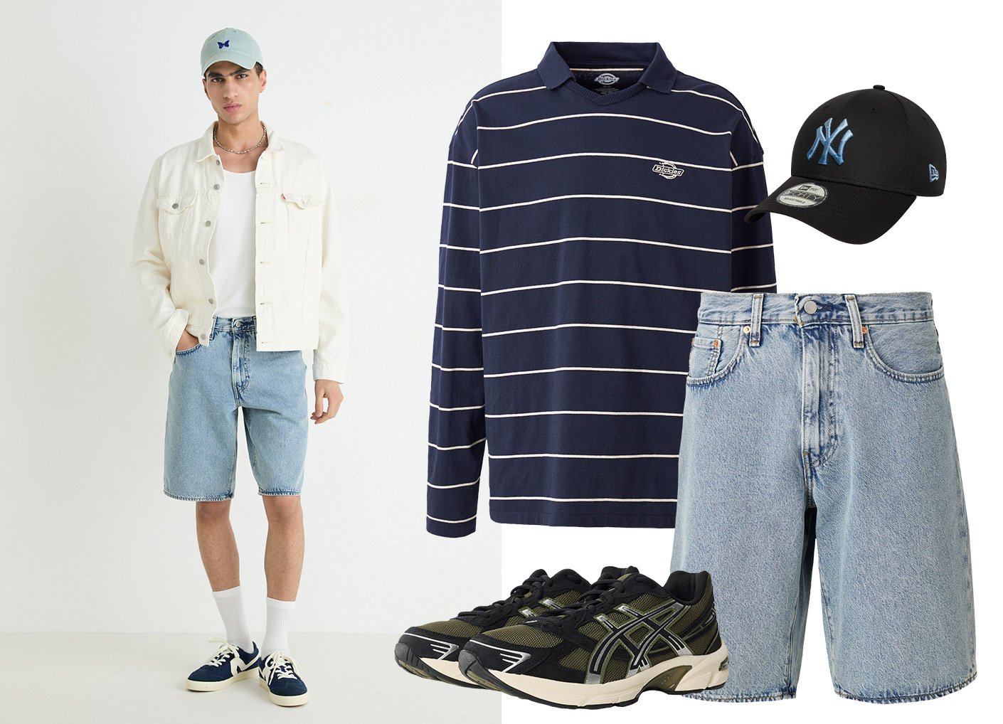 Mand iført hvid kasket, hvid jakke, hvid tanktop, lyseblå denim shorts, hvide sokker og marineblå sneakers; striped marineblå polo, denim shorts, sort kasket og sort-grønne sneakers.