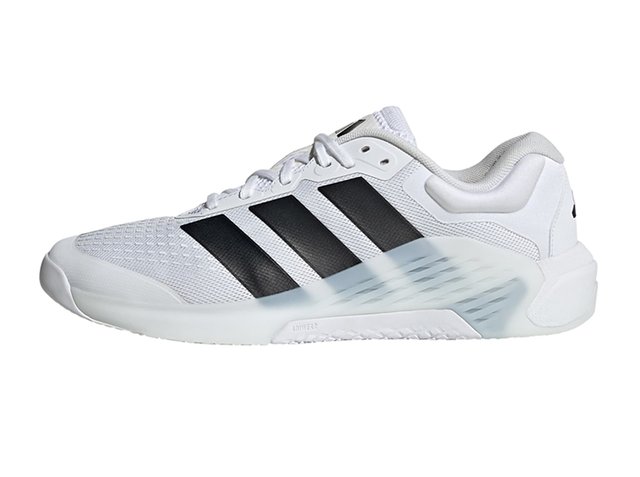 Scarpa sportiva Adidas bianca con logo a tre strisce nero, tomaia in mesh, design con lacci e suola ammortizzata con supporto laterale traslucido.