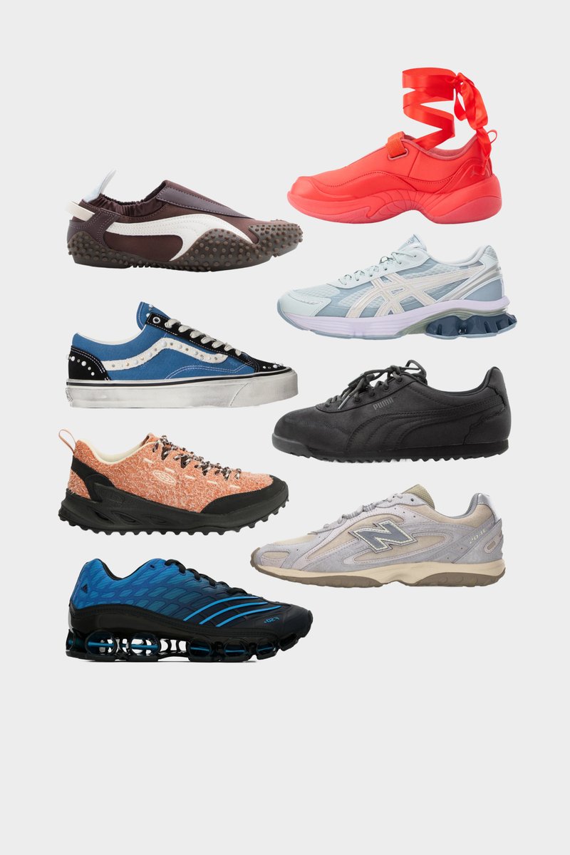 Acht verschiedene sportliche und legere Sneakers in unterschiedlichen Farben und Designs, angeordnet auf einem weißen Hintergrund.