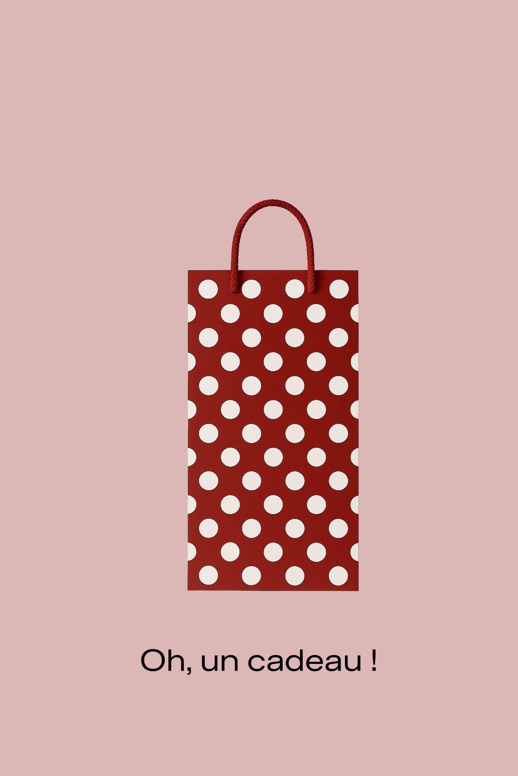 Sac cadeau rouge à pois blancs avec des poignées rouges sur un fond rose, avec le texte français "Oh, un cadeau !" en dessous.