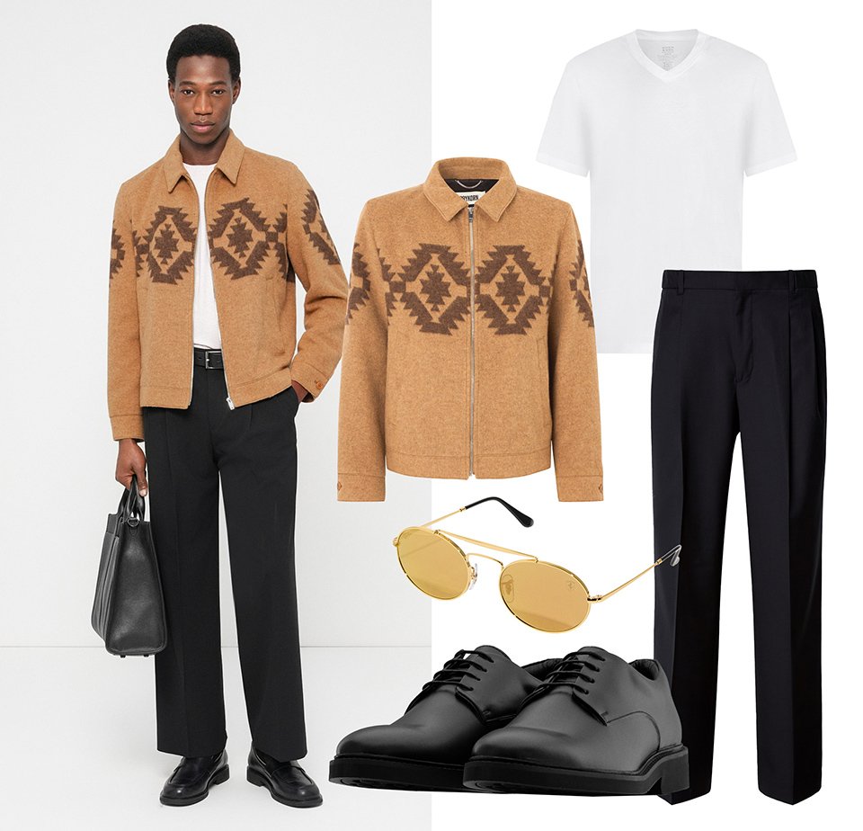Férfi, barna mintás cipzáras dzsekiben, fehér pólóban, fekete nadrágban, fekete cipőben, fekete táskát tartva; sárga napszemüveg kiegészítővel.