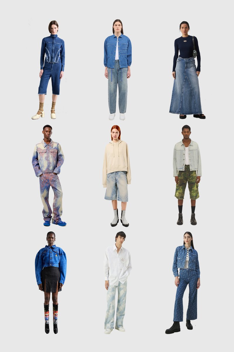 Negen modellen tonen verschillende dennenoutfits, waaronder rokken, jassen en hoodies, gerangschikt in een rasterformaat met een lichtgrijze achtergrond.