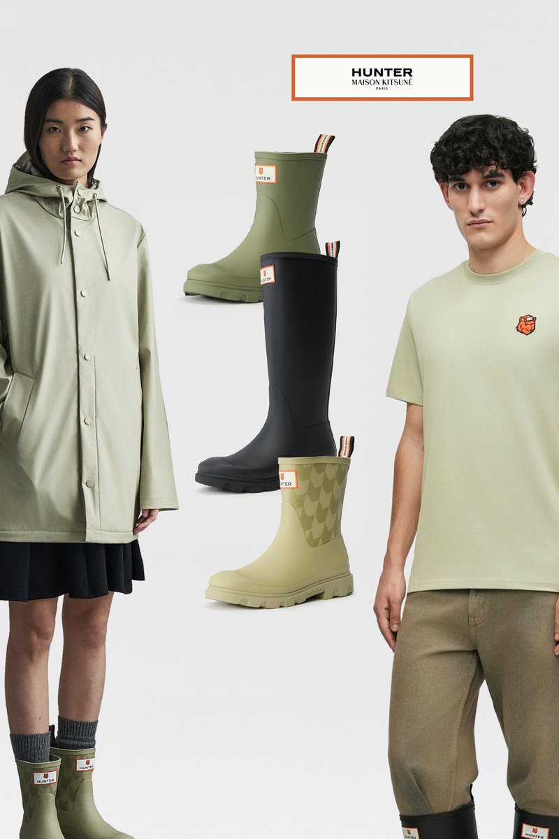 Green waterproof wellington boots with textured accents, paired with a black pair. A light green hooded jacket and green T-shirt displayed alongside.
