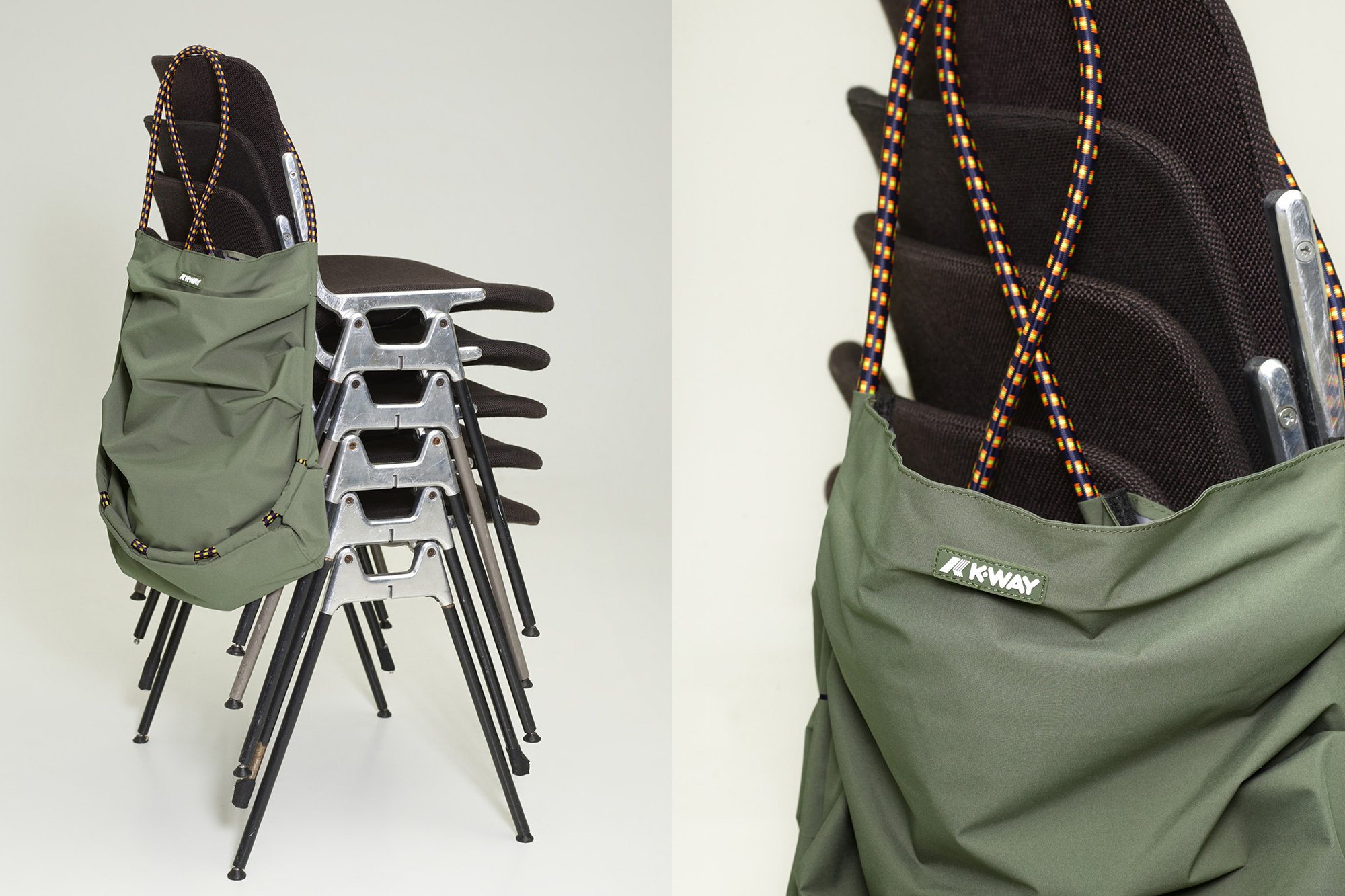 Bolsa de tela verde con superficie texturizada, con un cierre de cordón y asas gruesas de cuerda multicolor, descansando sobre sillas de metal apiladas.