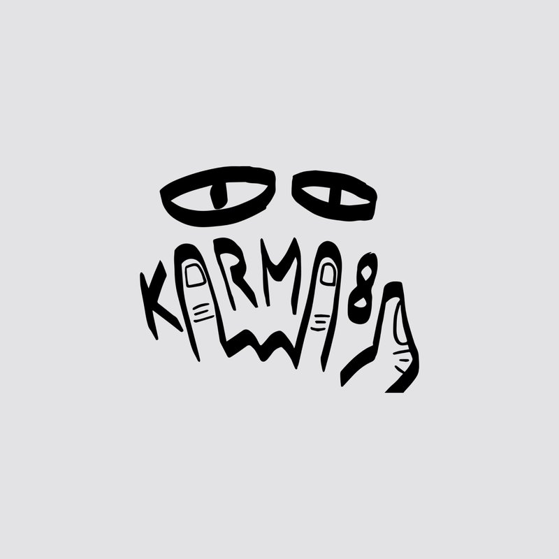 Dos ojos estilizados encima de dedos que forman la palabra "KARMA 8" con líneas negras sobre un fondo gris claro.