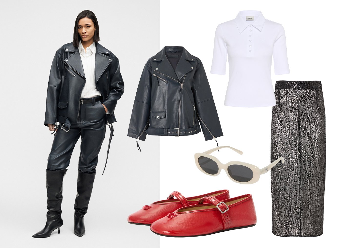 Vrouw met een zwarte leren motorjack, broek en laarzen; naast een wit poloshirt, een zwarte glinsterende rok, witte zonnebril en rode Mary Jane schoenen.