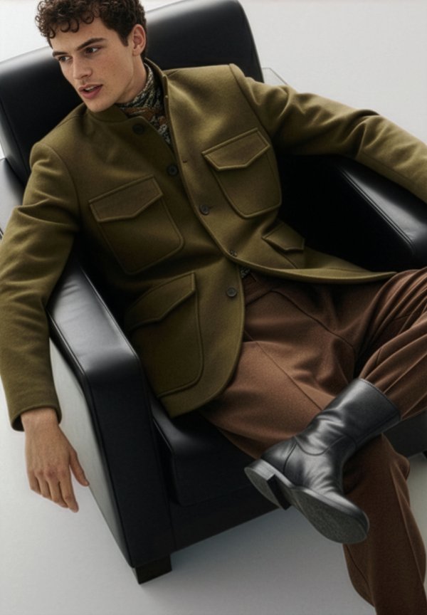 Ung man i olivgrön jacka, mönstrad polotröja, bruna byxor och svarta stövlar som lutar sig bakåt i en svart läderfåtölj.