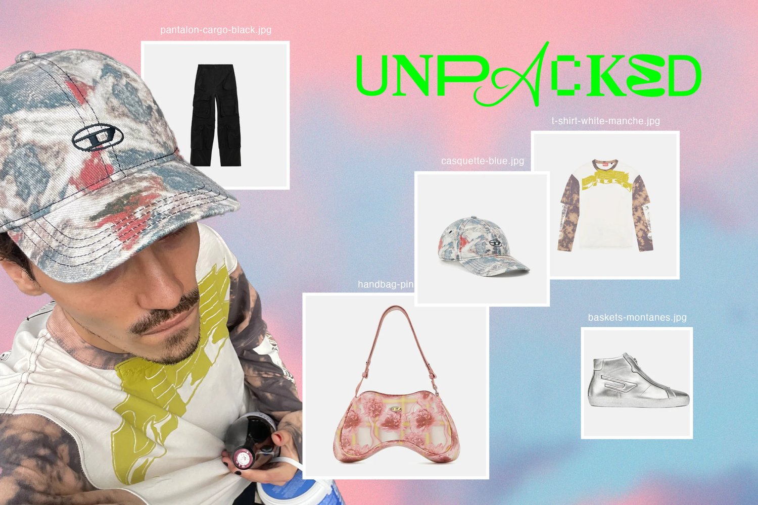 A person wearing a patterned cap and shirt holds a drink, surrounded by clothing and accessories displayed against a pastel background.